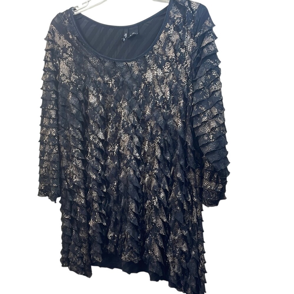 Ruffle‎ Tiered Tunic Top Snakeskin Print Black Party Cocktail Blouse